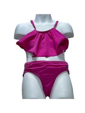 Old Navy Womens Fuchsia Ruffled Bikini Set - High-Waist Bottoms & Halter Top Sma